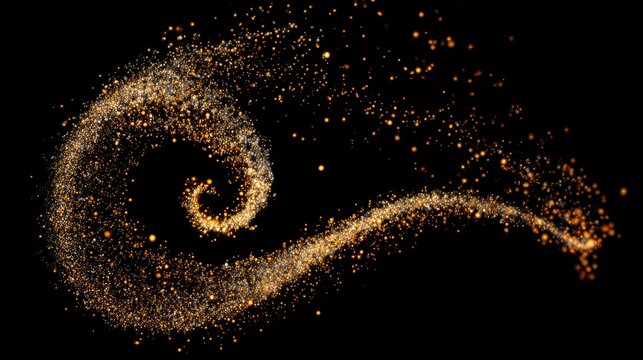 Golden spiral of swirling particles against black background