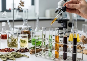 A female scientist in a chemistry lab holds a flask with blue liquid, performing a scientific experiment with glass equipment for pharmaceutical research, agriculture