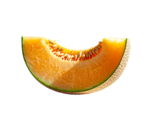 A vibrant, pale orange cantaloupe slice, showcasing its juicy flesh, numerous seeds, and slightly textured rind against a black backdrop.  Light highlights its contours