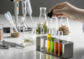 A dedicated scientist meticulously analyzes a blue liquid in a glass flask, conducting a crucial botanical extracts in a modern laboratory