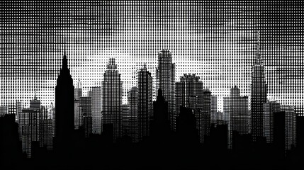 City Skyline Silhouette: A stark monochrome image captures the dramatic skyline of an urban landscape, evoking the timeless allure of cityscapes and architecture with a touch of artistic flair.