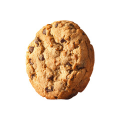 Close-up of a round, baked chocolate chip cookie.  Its light brown, slightly textured surface is dotted with dark chocolate chips.  The cookie appears freshly baked and slightly glossy
