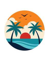 Tropical sunset with palm trees and ocean waves, birds flying in the sky