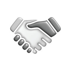 Monochrome 3D handshake icon symbolizing business partnership, agreement, and successful collaboration on a white background