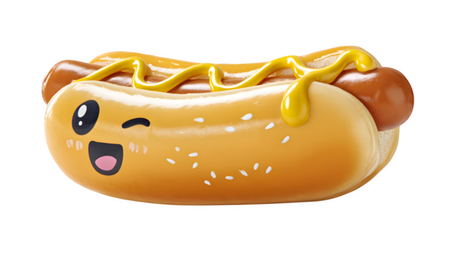 A doodle hot dog in a bun with a goofy, winking face and a squirt of mustard, isolated on a Transparent Background