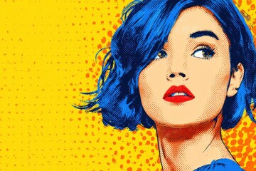 Vibrant Pop Art Portrait: A striking woman, hair of sapphire blue and ruby lips, emerges from a canvas of bold yellow, creating a captivating piece with graphic intensity.