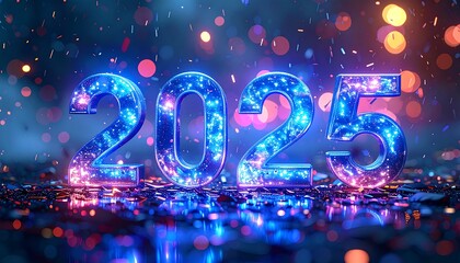 A shimmering digital illustration of the year 2025 with confetti and bokeh, evoking celebration and the future