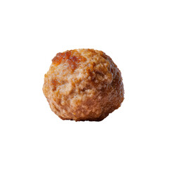 Close-up of a single, round meatball.  Golden-brown, slightly crispy exterior; textured surface.  Isolated on black background