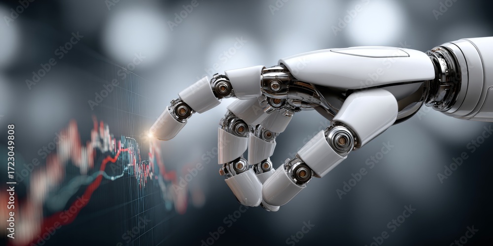 Poster Futuristic Trading Analysis with AI Precision Machine Arm Examines Chart Elements in Detail