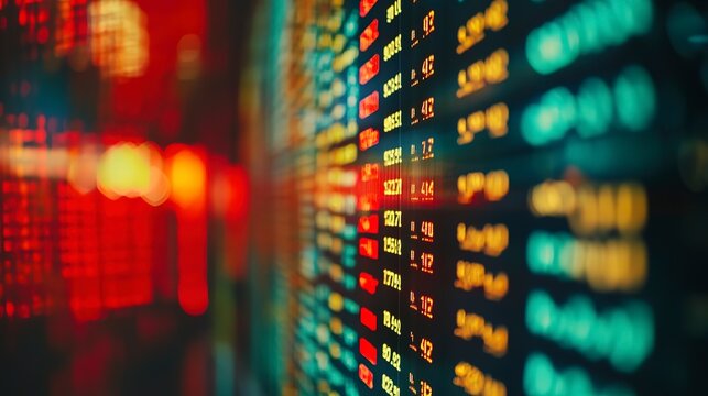 Currency exchange rates displayed on a digital board in a busy financial district during the day