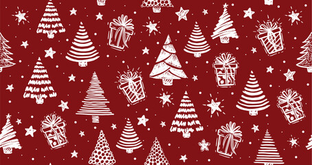 Christmas tree white on red, hand drawn illustrations.	