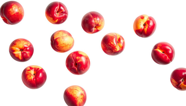 Red and yellow nectarines fall against a black background, showcasing their fuzzy skin and vibrant hues in a dynamic composition