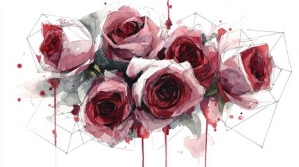 Watercolor Rose: A vibrant collection of crimson roses, rendered in a delicate watercolor style, accompanied by geometric design in a captivating artistic portrayal.