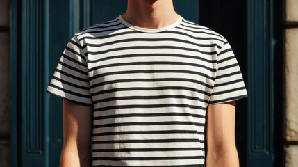 Coastal Striped Tee: A man showcases a timeless black and white striped t-shirt, a staple of the coast's fashion scene, exudes relaxed style.