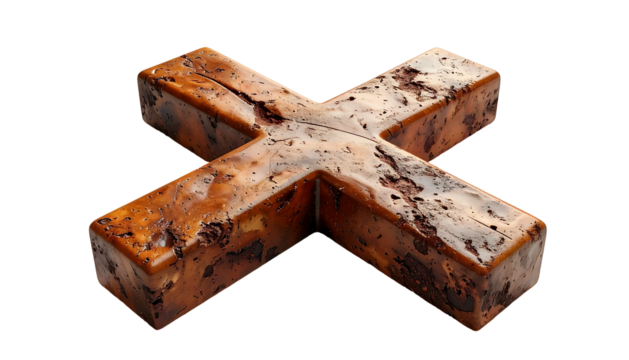 A three-dimensional "X" crafted from dark, richly-grained wood, exhibiting a rustic, textured surface with visible cracks and imperfections