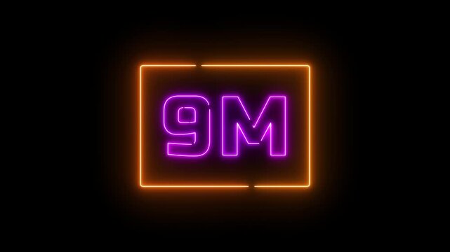 Neon a yellow design with the text "9M FOLLOWERS." The letters are stylized and illuminated, conveying a celebratory tone.Glowing neon text illuminating 9m in a rectangle against a black background.