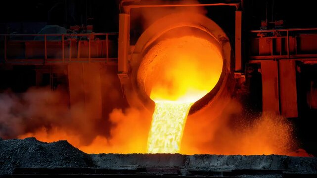 Hot Molten Metal Flows From a Furnace During Steel Production in a Factory in the Early Morning