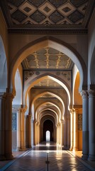 a grand hallway with tall, arching columns and intricate tile work on the floor and walls
