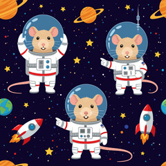 Smiling astronaut mice in space with planets rockets and stars Playful cosmic adventure