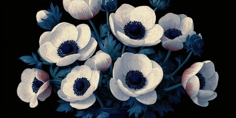 Anemone Blooms: Delicate white anemone blooms arranged, Their pure elegance enhanced by a dramatic black background.  