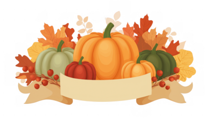 Colorful autumn pumpkins with leaves and berries, created AI, PNG