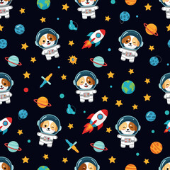 Adorable astronaut dogs exploring space with rockets and planets Fun whimsical pattern for children