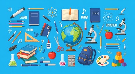 Educational concept with a set of colorful school supplies for learning and discovery