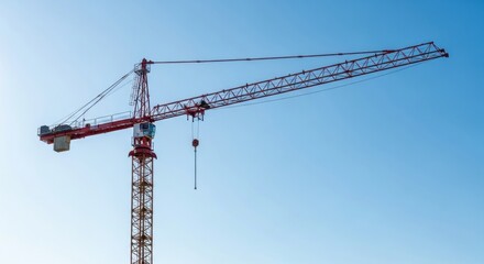 Red tower crane against blue sky. Industrial construction site equipment. Engineering machinery for building.