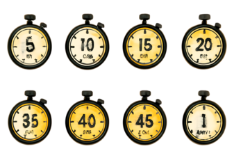 collection of vintage alarm clocks on white background