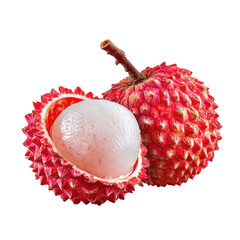 Two halves of a lychee fruit, vibrant red skin, pale-white flesh, and exposed seed