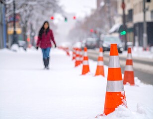 Snowy city street with barricades. Woman walking