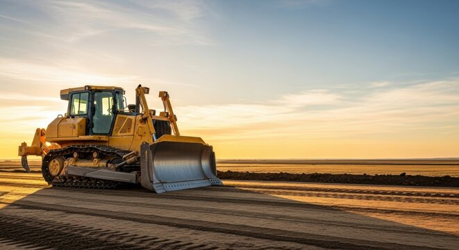 Yellow bulldozer for grading and earthmoving at a construction site. Heavy equipment for road building and ground preparation.