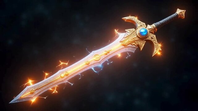 Rotating holographic sword with glowing runes fantasy RPG artifact  
