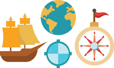 Columbus day ships compass map globe vector illustration elements bundle vector