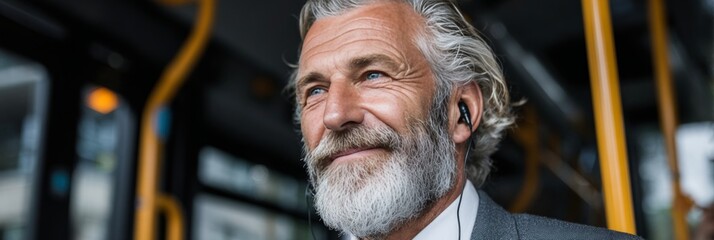 Mature professional man commuting on bus, using headphones to boost work productivity.