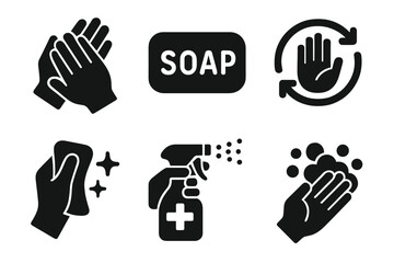 Obraz premium Hand washing soap hygiene cleaning icons disinfection lather guide