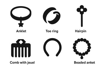 Silhouette icons of jewelry and accessories: anklet, toe ring, hairpin, beaded anklet, comb with jewel