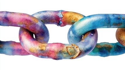 Interconnected: A vibrant close-up shot of three vivid colored chain links, illustrating the concept of connections and teamwork.