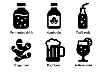 Assorted beverage icons: fermented drinks, kombucha, craft soda, ginger beer, root beer, artisan drink