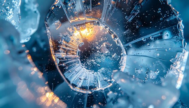 A mesmerizing macro view of a glowing spiral bubble formation trapped within the intricate patterns of fractured blue ice