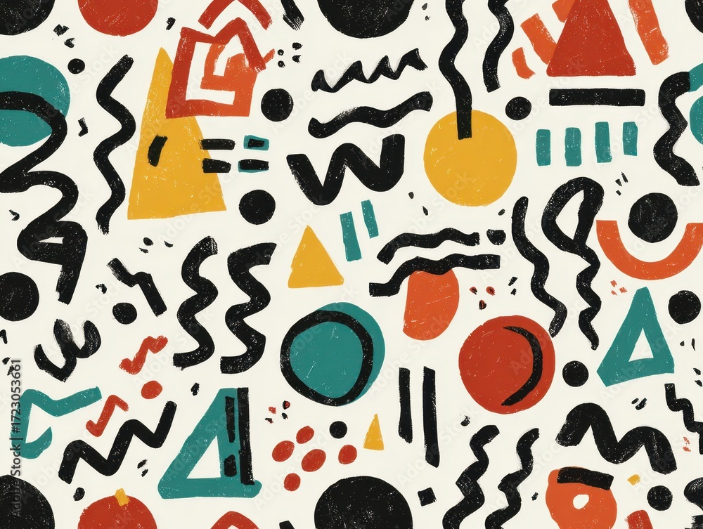 Poster geometric harmony: a captivating array of hand-drawn geometric shapes in a lively mix of colors, cre