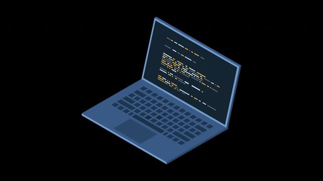 Isometric laptop animation. Programming on laptop concept with program code. Program code on a laptop screen. Isometric technology. Transparent background with alpha channel