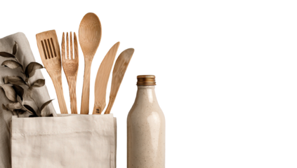 Beige reusable bag holding wooden utensils and a milk bottle
