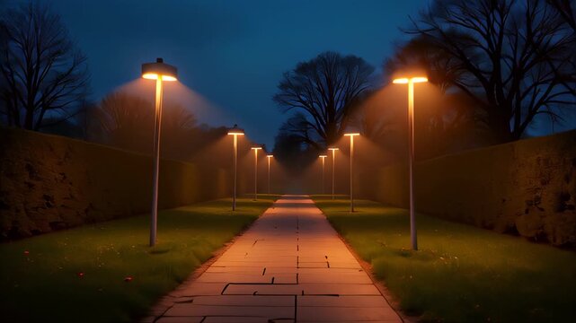Garden with glowing lamp posts activated at night