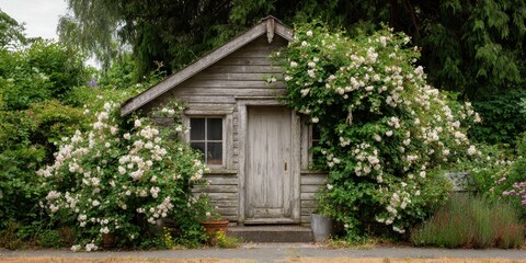 Charming cottage and Blooming rose in the garden: A quaint wooden cottage nestled amidst lush, cascading blooms, offering a serene escape into the beauty of nature. An old wood cottage.