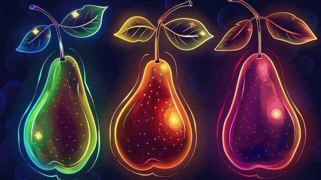 Fresh pears illuminated from within by an otherworldly glow, surrounded by lush green leaves