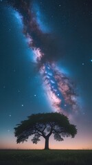 a lone tree standing on a grassy field under a starry sky