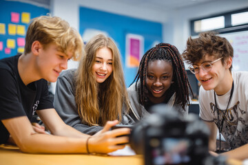 Obraz premium Students working on a group project, filming via a smartphone and sharing ideas for a school social post.