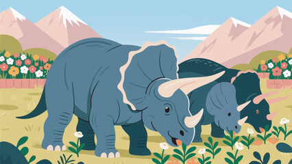 Illustration Of A Herd Of Triceratops Eating Low Plants With A Background Of Flower Beds And Mountains Vector Design Template © BedRoses
