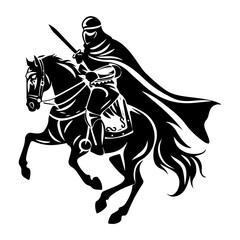 Flat Black Arabian Warrior Logo Silhouette of Brave Fighter Soldier Knight Swordsman for Vintage Vector Design